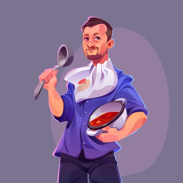 Homem Chef Cozinhar Sopa Tomate Desenho Animado Vetorial Ilustração Personagem — Vetor de Stock