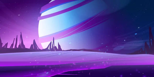 Космический Фон Инопланетная Планета Пустынный Ландшафт Фиолетовыми Горами Скалами Звездами — стоковый вектор