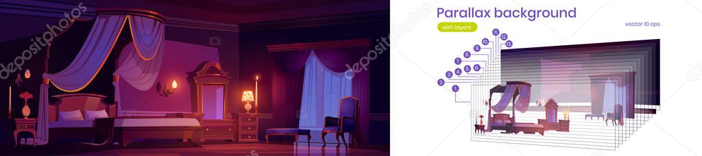 Parallax background luxury bedroom at night 2d interior. Dark room with vintage furniture bed with canopy, lamp, mirror, night stand, table and armchair separated layers, Cartoon vector illustration