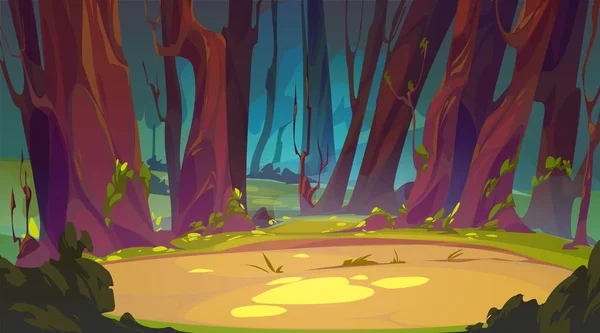 Paisaje Forestal Profundo Con Camino Tierra Ilustración Vectorial Dibujos Animados — Vector de stock