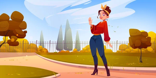 秋の都市公園の女性の挨拶のジェスチャーで手を振って 女性のキャラクターは 金属フェンシングやオレンジの木と通りに立ってこんにちはと言う 自然ビューの秋の背景 漫画のベクトルイラスト — ストックベクタ