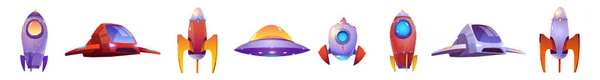 Alien Astronave Juego Iconos Vector Conjunto Cohetes Divertidos Ufo Transbordadores — Archivo Imágenes Vectoriales