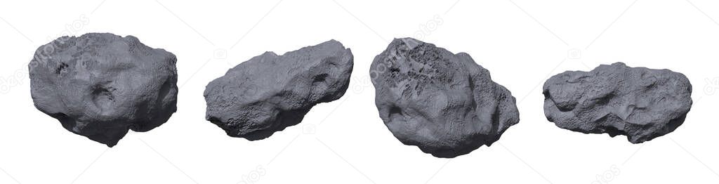 Stone asteroids realistic vector illustration. Meteor or space boulder or rock with craters isolated icon set on white background, various form