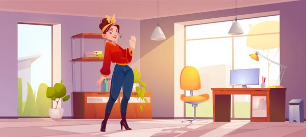 Mujer Joven Interior Oficina Casa Personajes Femeninos Dibujos Animados Usan — Vector de stock