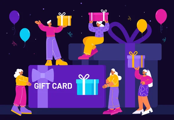 Geschenkkarte Kundenpflege Und Treueprogramm Konzept Winzige Käufer Riesigen Verpackten Geschenkkartons — Stockvektor