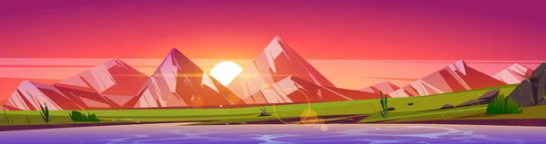 日落时带湖泊或河流的山谷夏季风景 天边有岩石 阳光的全景画图 — 图库矢量图片