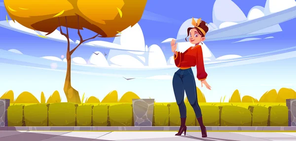 秋の都市公園の女性の挨拶のジェスチャーで手を振って 女性のキャラクターは ヘッジフェンシングとオレンジの木 秋のビューの背景に公園で通りに立ってこんにちはと言う 漫画のベクトルイラスト — ストックベクタ