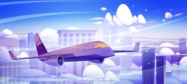 青い空の高層ビルの建物の屋根の上の雲の中を飛ぶ飛行機 航空輸送サービス 飛行機旅行 現代のメガロポリス漫画シーンの上のジェット便 ベクトルイラスト — ストックベクタ