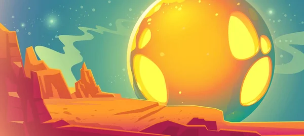 夜は空に穴が開いた砂漠と大きな月のある惑星の風景 オレンジ色の地面と岩と空間 赤い火星の表面のベクトル漫画の幻想的なイラスト — ストックベクタ
