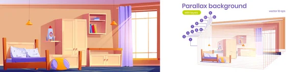 2番目のゲームアニメーションのためのパララックス背景キッズベッドルーム キャビネット ロケットおもちゃ 棚の本 木製の家具付きのベッド付きの子供部屋 居心地の良いベクトルインテリア 分離層 — ストックベクタ