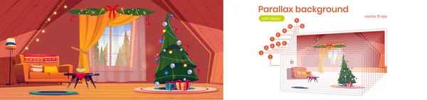 Paralaxe Fundo Sala Estar Interior Com Árvore Natal Sofá Sótão — Vetor de Stock