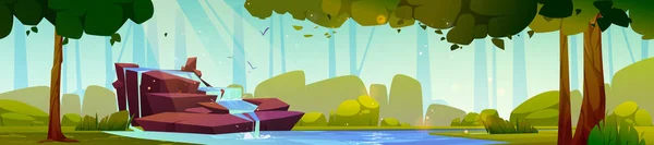 瀑布在森林中 瀑布喷气式飞机在夏天的自然景观 卡通画的全景是溪流从岩石中流出 落在四周绿树成荫的湖中 野生区域 美丽的公园 病媒图解 — 图库矢量图片
