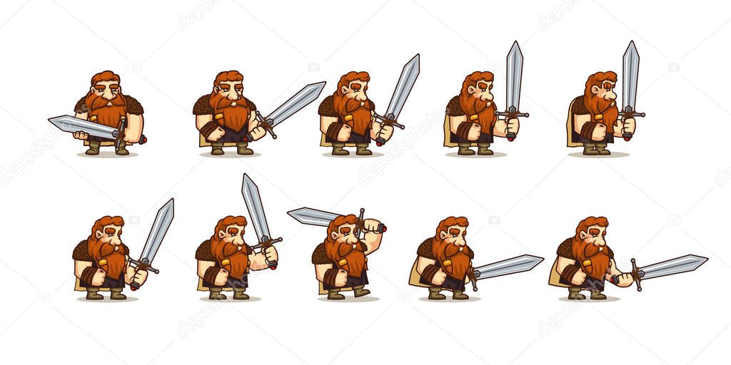 Game icons set character viking walk cycle sequence. Vector cartoon sprite sheet of walking man warrior with sword and red hairs for 2d animation