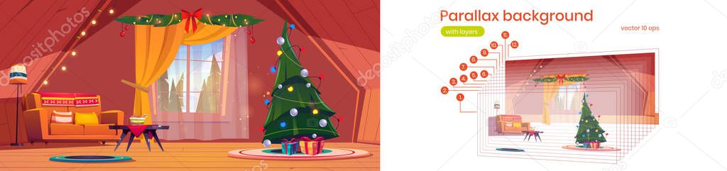 Parallax background living room interior with Christmas tree and sofa on house attic. Cozy room under wooden roof with Xmas decor. Cartoon 2d separated layers for game animation, Vector illustration