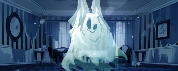 Ghost Nacht Verlaten Woonkamer Grappig Spook Cartoon Halloween Karakter Fantasie — Stockvector