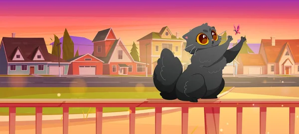 Cute cat playing with butterfly at home terrace with sunset view of suburban district with cottage houses and green lawn. Cartoon funny black kitten trying to catch flying insect, Vector illustration