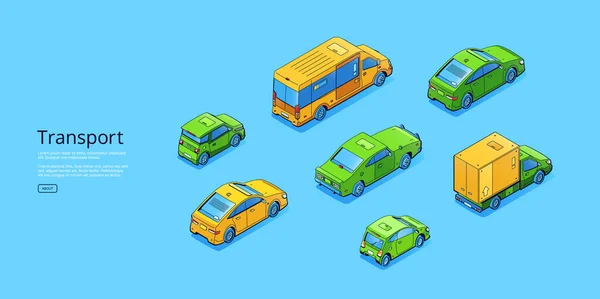 Transport banner with isometric cars, truck and bus. Vector horizontal poster with flat illustration of passenger automobiles, minibus and cargo vehicle isolated on blue background