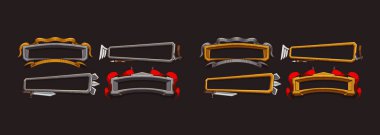 RPG oyun tasarımı için ortaçağ silahına sahip fantezi çerçeveler. Siyah zemin üzerinde eski altın ve gümüş kenarlı vektör çizgi film setleri, kılıç, ok, boynuz ve bayraklar izole