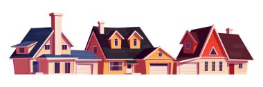 Banliyö evleri dış cephede, konut binaları ön tarafta. Banliyödeki garajları olan vektör çizgi film setleri. Beyaz arka planda izole edilmiş modern gayrimenkul