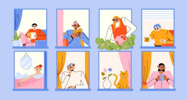 Penceredeki insanlar, komşuları erkekler, kadınlar ve kediler evlerinde. Dost canlısı karakterler okuyor, bitkilerle ilgileniyor, kahve içiyor, dizüstü bilgisayarda çalışıyor, yiyor, banyo yapıyor, düz çizgi çizimleri çiziyor.