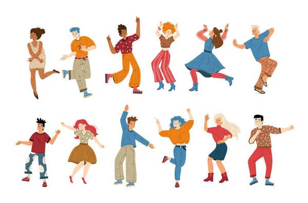 Les Gens Écoutent Musique Danse Ensemble Personnages Masculins Féminins Sur — Image vectorielle