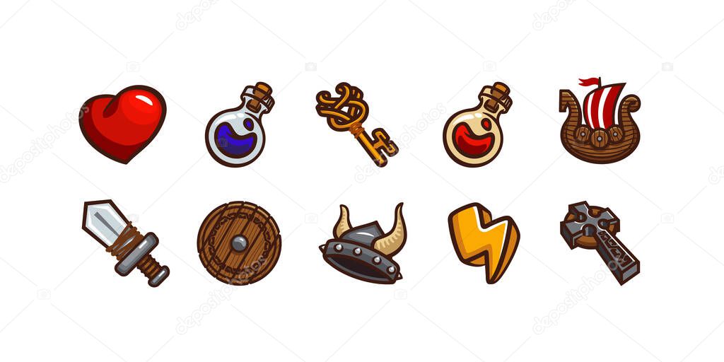 Game icons with viking helmet, sword, potions, ship and celtic cross. Vector cartoon set of 2d ui elements of health, energy and armor of medieval knight or norse barbarian