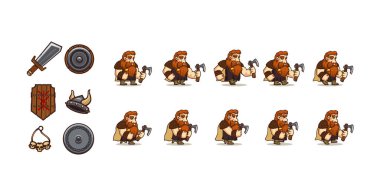 Oyun zırhı simgeleri ve karakter Viking yürüyüş döngüsü dizisi. Vektör karikatür set kılıç, kalkanlar, boynuzlu kask ve kafatası gerdanlığı. 2D animasyon için baltayla yürüyen insan savaşçısının sprite örtüsü.