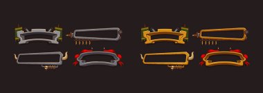 RPG oyun tasarımı için ortaçağ silahına sahip fantezi çerçeveler. Siyah zemin üzerinde eski altın ve gümüş kenarlı vektör çizgi film setleri, kılıç, ok, boynuz ve bayraklar izole