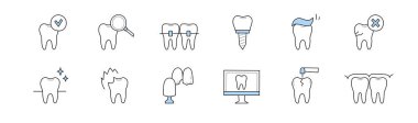 Diş ve stomatoloji karalama simgeleri ayarlandı. Vektör doğrusal işaretler, diş bakımı ve ilaç diş implantı, diş teli, yapıştırıcı ve diş macunu ve masaüstü, stomatolojik araçlar, bakım tedavisi, oral sağlık