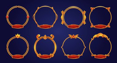 Altın antika oyun çerçeveleri, evet ortaçağ yuvarlak altın metal kenarları ve kırmızı düğmeleri. Mücevher taşıyla sınırlanmış boş metalik çizgi film, izole tasarım gui elementleri, Vektör illüstrasyon seti