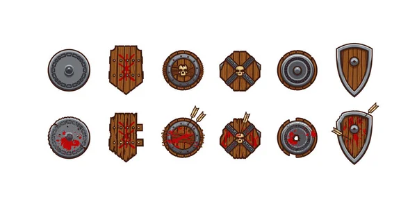 Loja de jogos com armas medievais e escudos para viking, cavaleiro ou  guerreiro. elemento de interface de desenho vetorial com espadas e  machados, moldura dourada, fita vermelha e botões