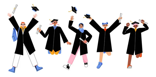 Счастливые Студенты Колледжей Университетов Выпускники Прыгают Блевать Выпускные Шапки Воздухе — стоковый вектор