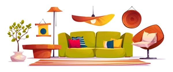 Wohnzimmereinrichtung Mit Sofa Mit Kissen Sessel Und Topfpflanze Vektor Cartoon — Stockvektor