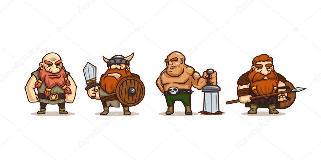 Viking cartoon characters, ancient scandinavian warriors with ginger beard, sword, spear and wooden shields. Game personages, funny medieval barbarians in horned helmets mascots, Vector illustration