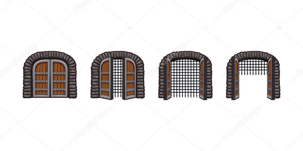Cartoon medieval castle gates opening animation for game. Palace door sprite sheet motion. Fortress entrance, open and closed wooden arch with metal grate, old doorway or gateway Vector illustration