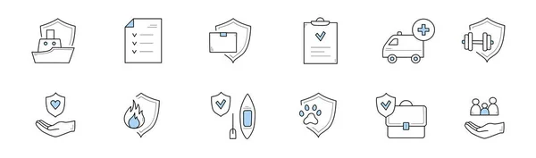 Insurance service doodle icons. Vector signs health, life property protection. Hand with shield, pet and family protection. Policy document, ship and ambulance, briefcase and fire vector illustrations