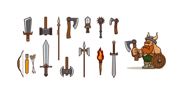 Cartoon Viking Diferentes Tipos Armas Antigo Guerreiro Escandinavo Com Machado —  Vetores de Stock