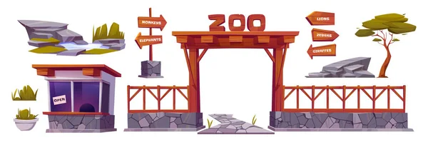 Zoo Landscape Elements Cartoon Vector Set Entrance Wooden Arch Fence — Stockvektor