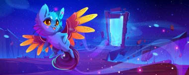 Superhero cat and fantastic portal at night. Vector cartoon illustration of alien world landscape with cute hero kitten with mechanical wings and stone arch with blue glow on rock cliff