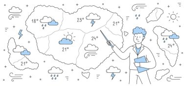 Meteorolojik rapor, hava tahmini karalama konsepti. TV sunucusu erkek karakter elinde meteoroloji haritasıyla ekranda duruyor. Sunucu ekranda bilgi sunar, çizgi sanat vektörü illüstrasyonu