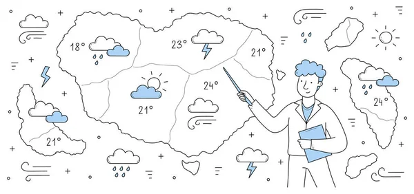 Relatório Meteorológico Previsão Meteorológica Conceito Doodle Apresentador Personagem Masculino Stand — Vetor de Stock