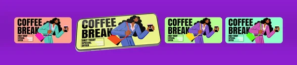 Kaffeepause Plakate Werbebanner Mit Promocode Der Handy App Vector Coffeeshop — Stockvektor
