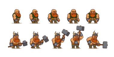2D Rpg oyunu için Viking çizgi film karakteri animasyonu. Çekiç efektli İskandinav savaşçısı dövüşü, kızıl sakallı barbar farklı pozlar, vektör illüstrasyonu.