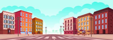 Urban street landscape with empty road and electric poles, buildings with hotel or small shop, cafe and restaurant cartoon vector background, town poster with city skyline, perspective view