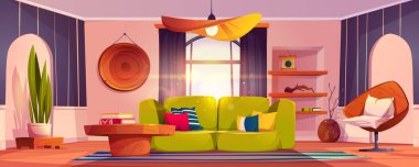 Living room interior with sofa, armchair, bookshelves and potted plant. Vector cartoon illustration of lounge with coffee table, carpet, ceiling lamp and striped wallpaper. Big window with sunlight