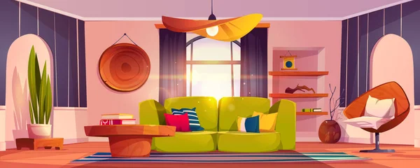 Living Room Interior Sofa Armchair Bookshelves Potted Plant Vector Cartoon — Vetor de Stock