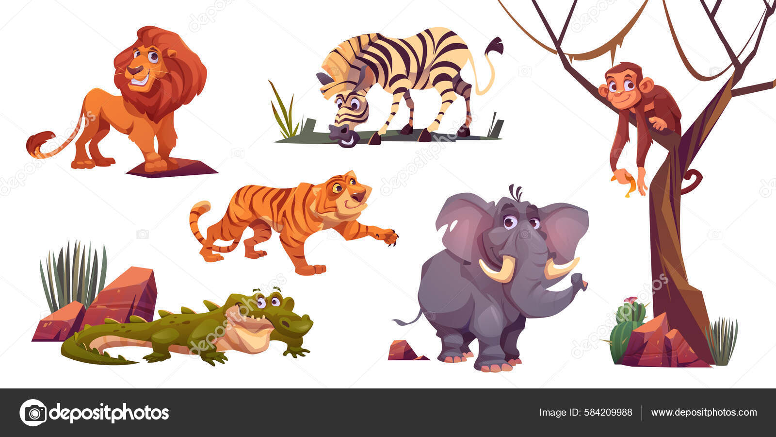 Cartoon Wild Animals Tiger Monkey Zebra Lion Elephant Crocodile Jungle Stock Vector Image by ©klyaksun #584209988 Cartoon Wild Animals Tiger Monkey Zebra Lion Elephant Crocodile Jungle Stock Vector Image by ©klyaksun #584209988