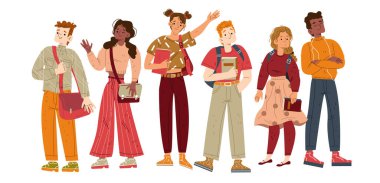 Bir grup öğrenci, sırt çantalı ve kitaplı ergenler. Farklı erkek ve kızların vektör düz çizimi, okulda ya da üniversitede birlikte okuyan sınıf arkadaşları beyaz arka planda izole edilmiş.