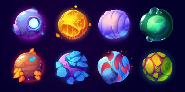 Fantasy alien planets for ui space game. Vector cartoon icons set of magic fantastic world, cosmic objects different colors with bubbles, cracks and rocks. Cute planets and moons collection