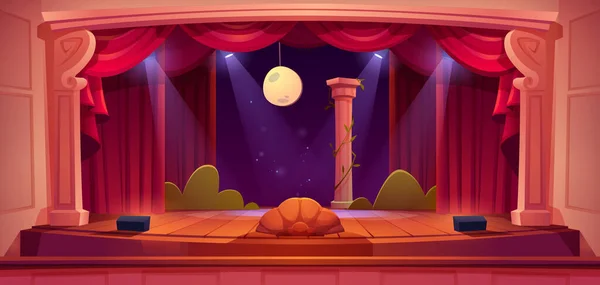 剧场舞台 有红色窗帘的空旷场景 聚光灯 月亮和柱子装饰 带有木制舞台和天鹅绒窗帘的剧场内部矢量卡通画 — 图库矢量图片